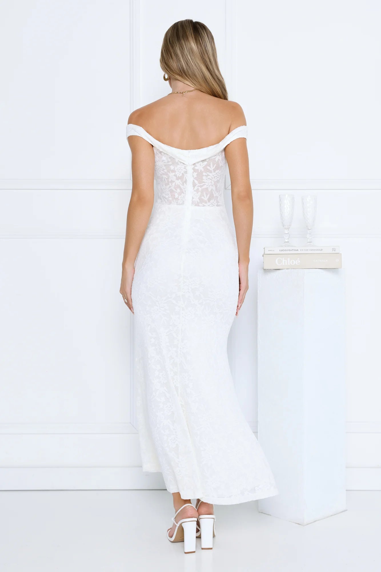 White Lace Off-the-Shoulder Maxi Evening Dresses with Sheer Panel & High Slit
