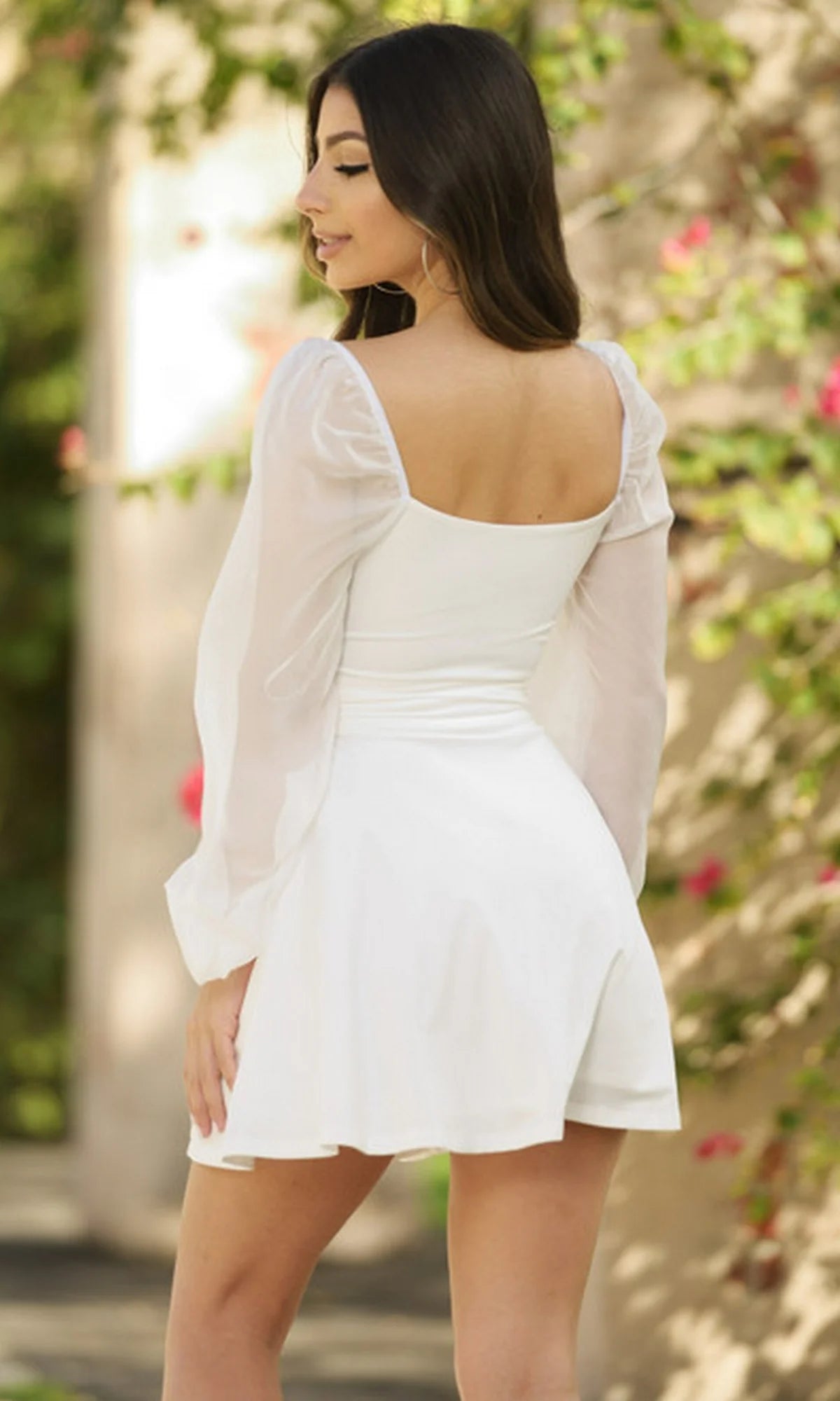 White Long Sleeve Wrap Waist Flared Homecoming Dresses