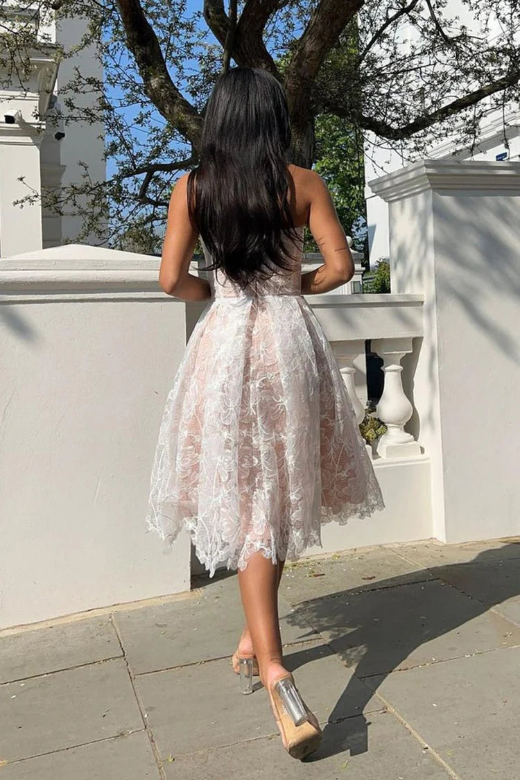 White Nude Lace Sweetheart Corset Midi A-Line Evening Dresses