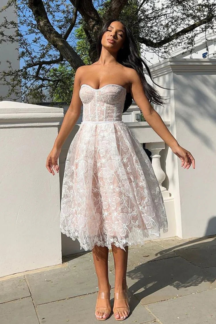 White Nude Lace Sweetheart Corset Midi A-Line Evening Dresses
