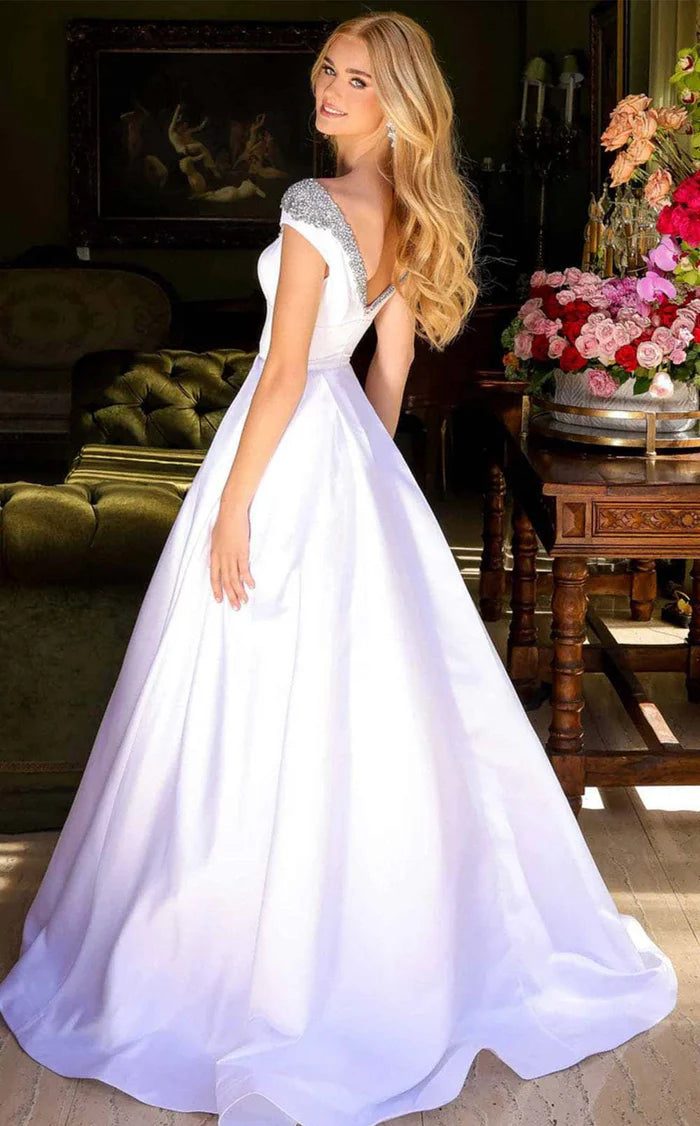 White Off-the-Shoulder Beaded Satin A-Line Evening Dress