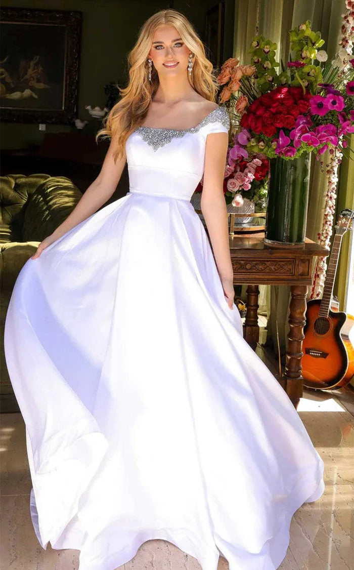 White Off-the-Shoulder Beaded Satin A-Line Evening Dress