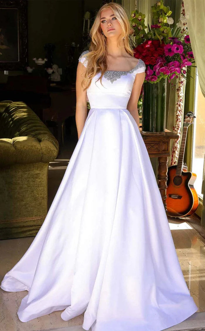 White Off-the-Shoulder Beaded Satin A-Line Evening Dress
