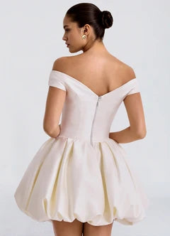 White Off-the-Shoulder Satin Bubble Hem Mini Evening Dresses
