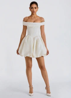 White Off-the-Shoulder Satin Bubble Hem Mini Evening Dresses
