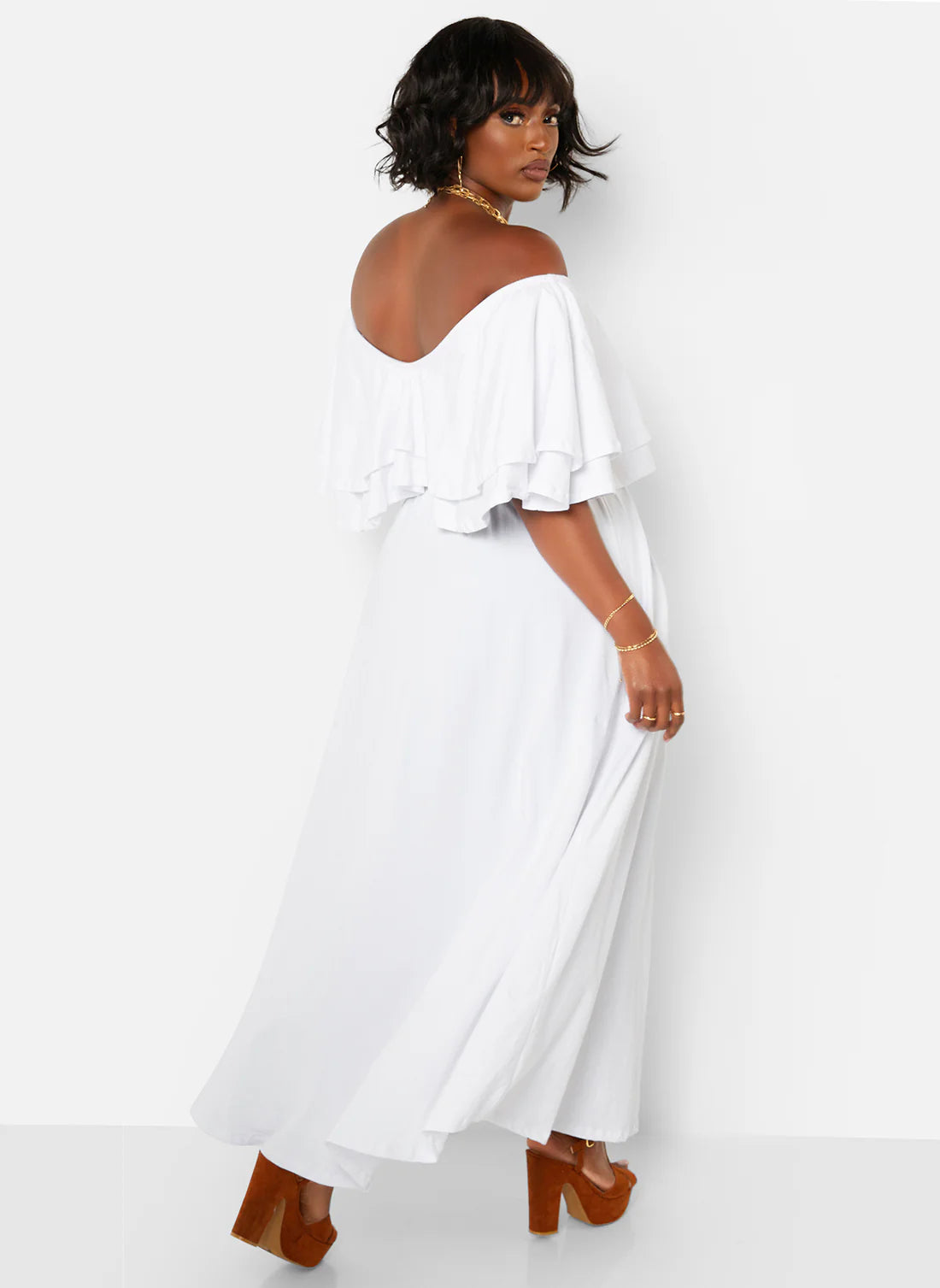 White Off Shoulder Ruffle Split Maxi Evening Dresses