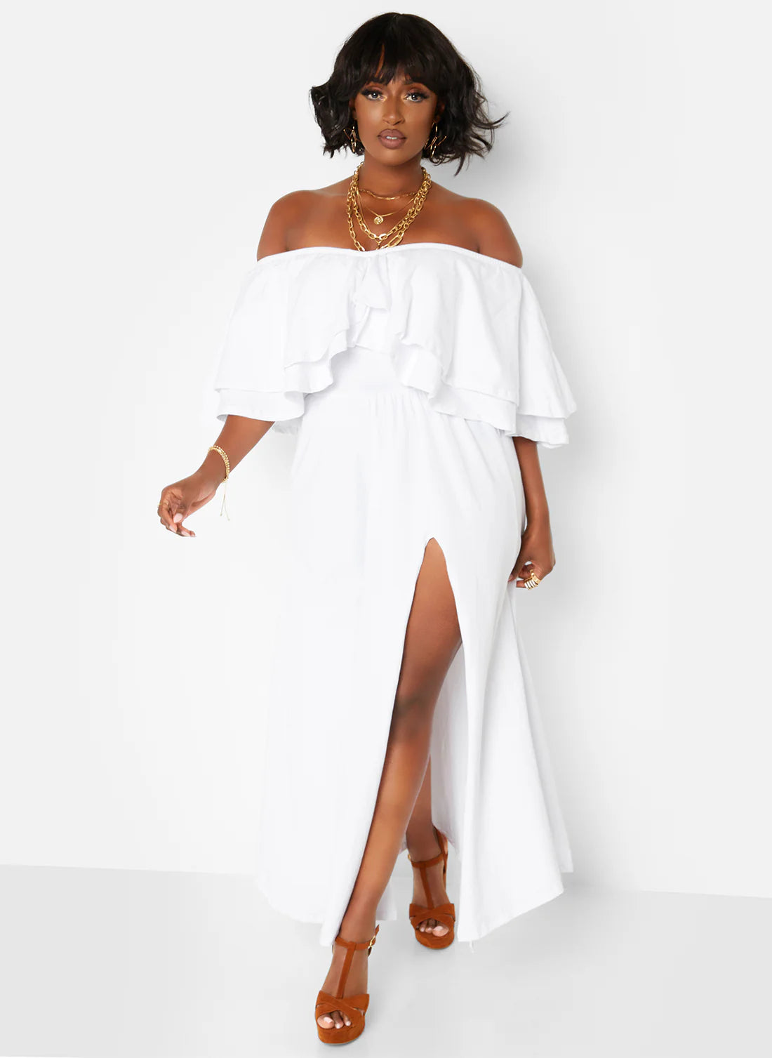 White Off Shoulder Ruffle Split Maxi Evening Dresses