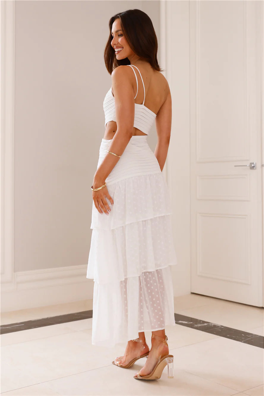 White One-Shoulder Cutout Tiered Ruffle Maxi Dresses