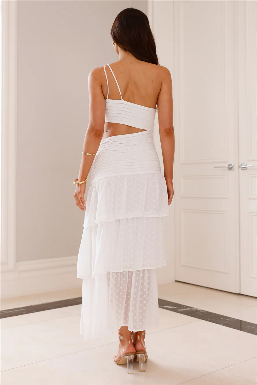 White One-Shoulder Cutout Tiered Ruffle Maxi Dresses