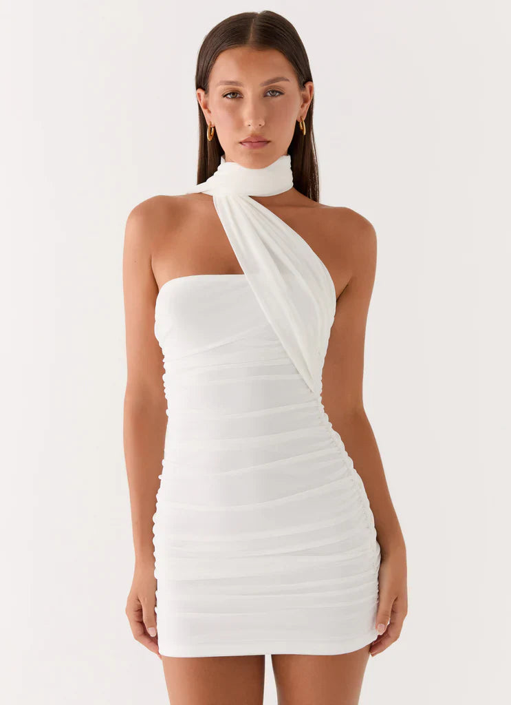 White One Shoulder Ruched Scarf Tie Mini Dress For Elegant Formal Party Events