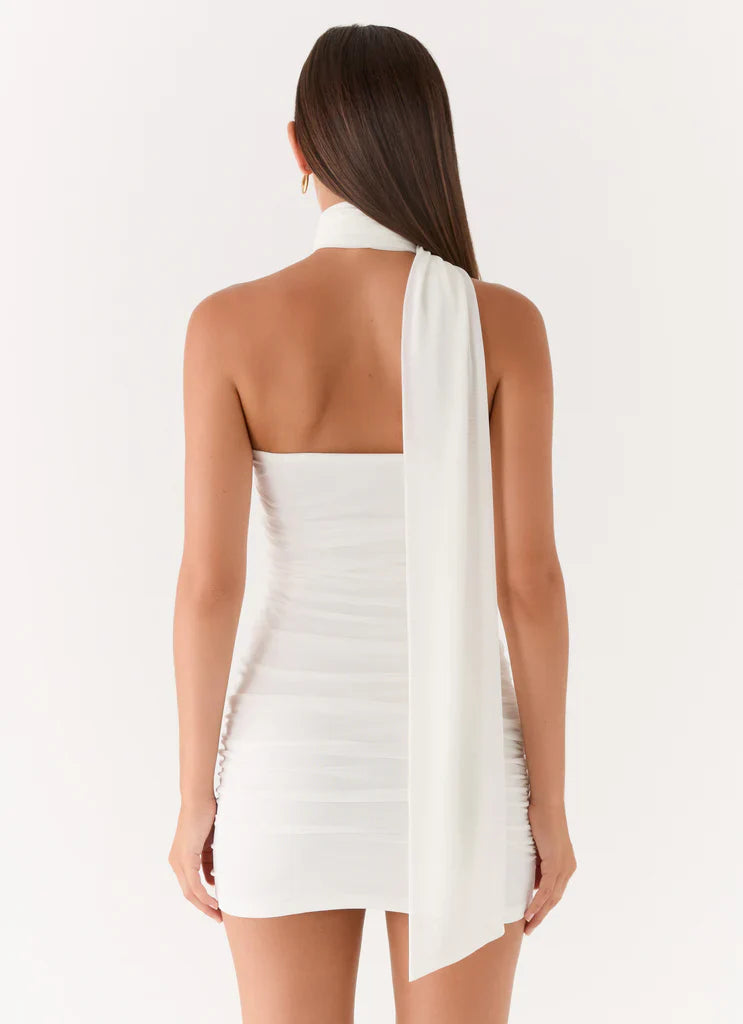 White One Shoulder Ruched Scarf Tie Mini Dress For Elegant Formal Party Events