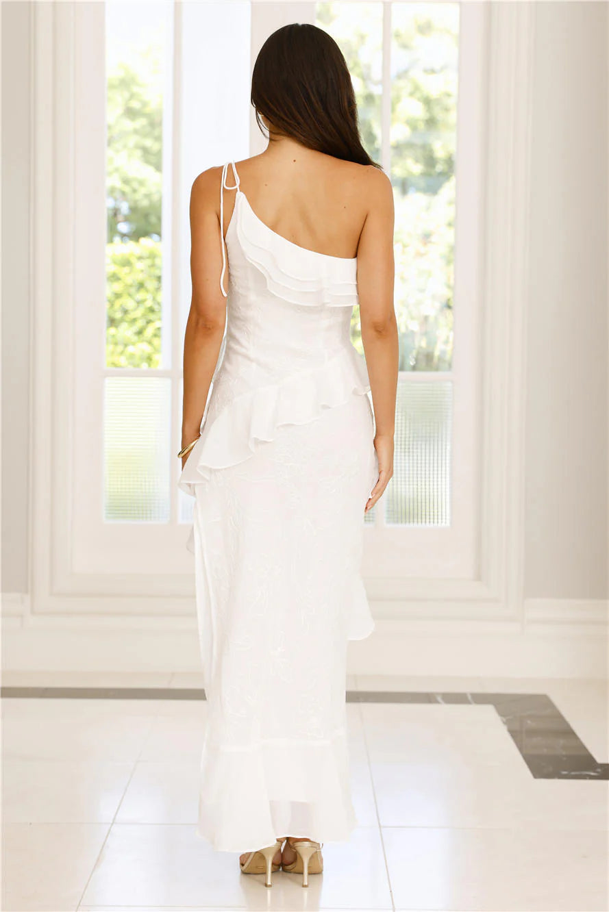 White One Shoulder Ruffle High Low Maxi Dresses