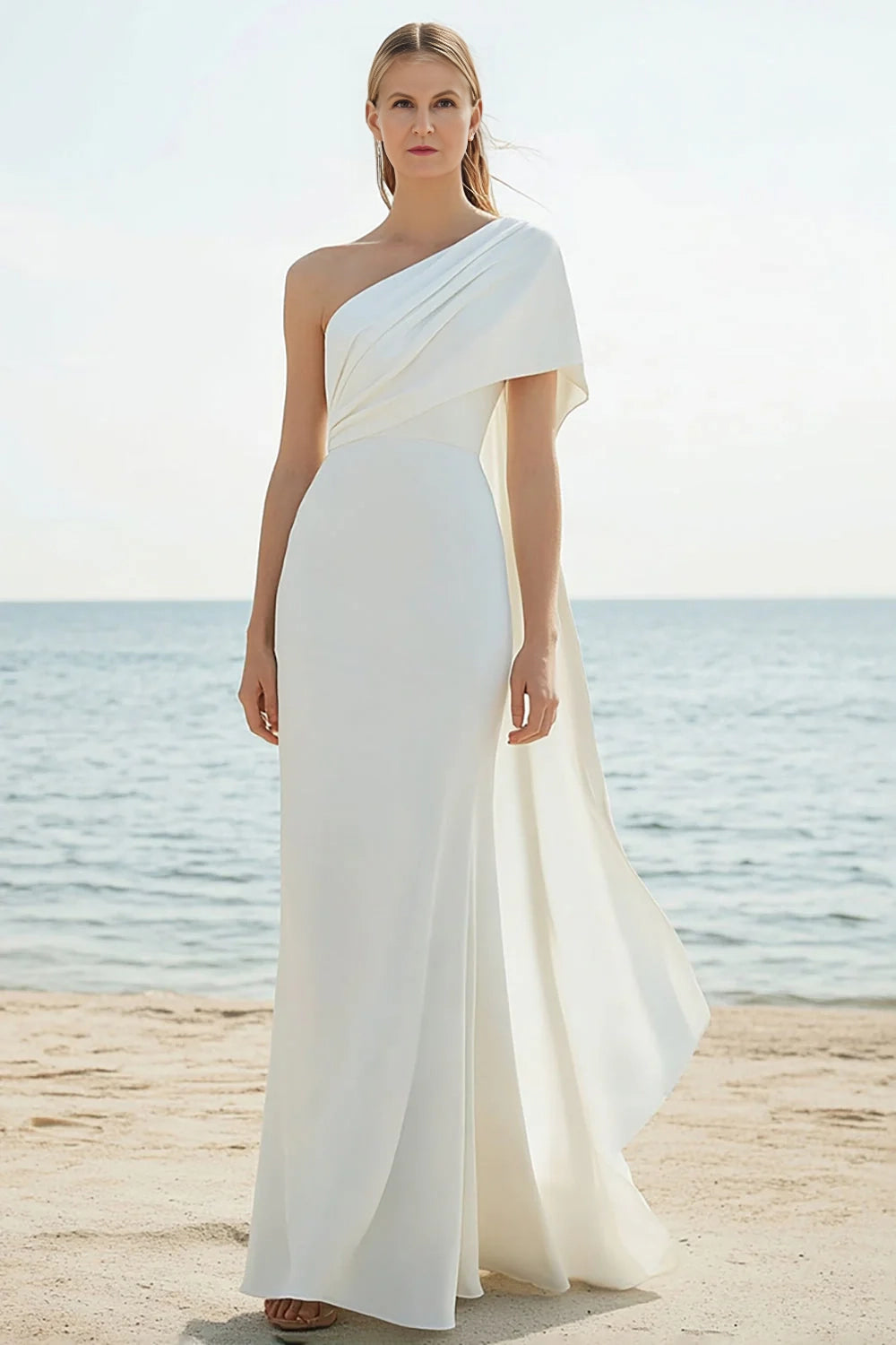 White One Shoulder Sheath Satin Formal Dress with Cape