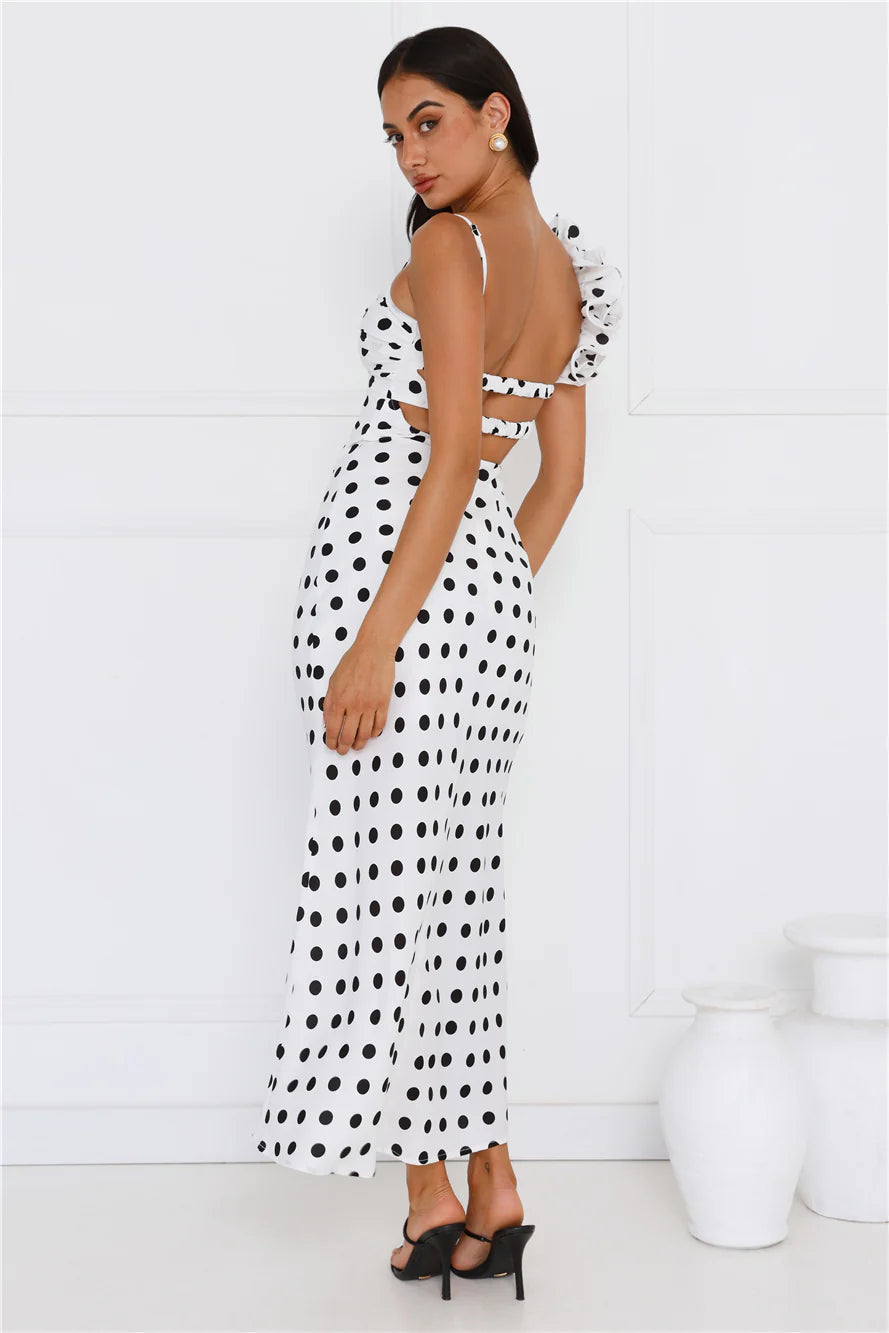 White Polka Dot Ruffle Strap Backless Cutout Midi Evening Dresses