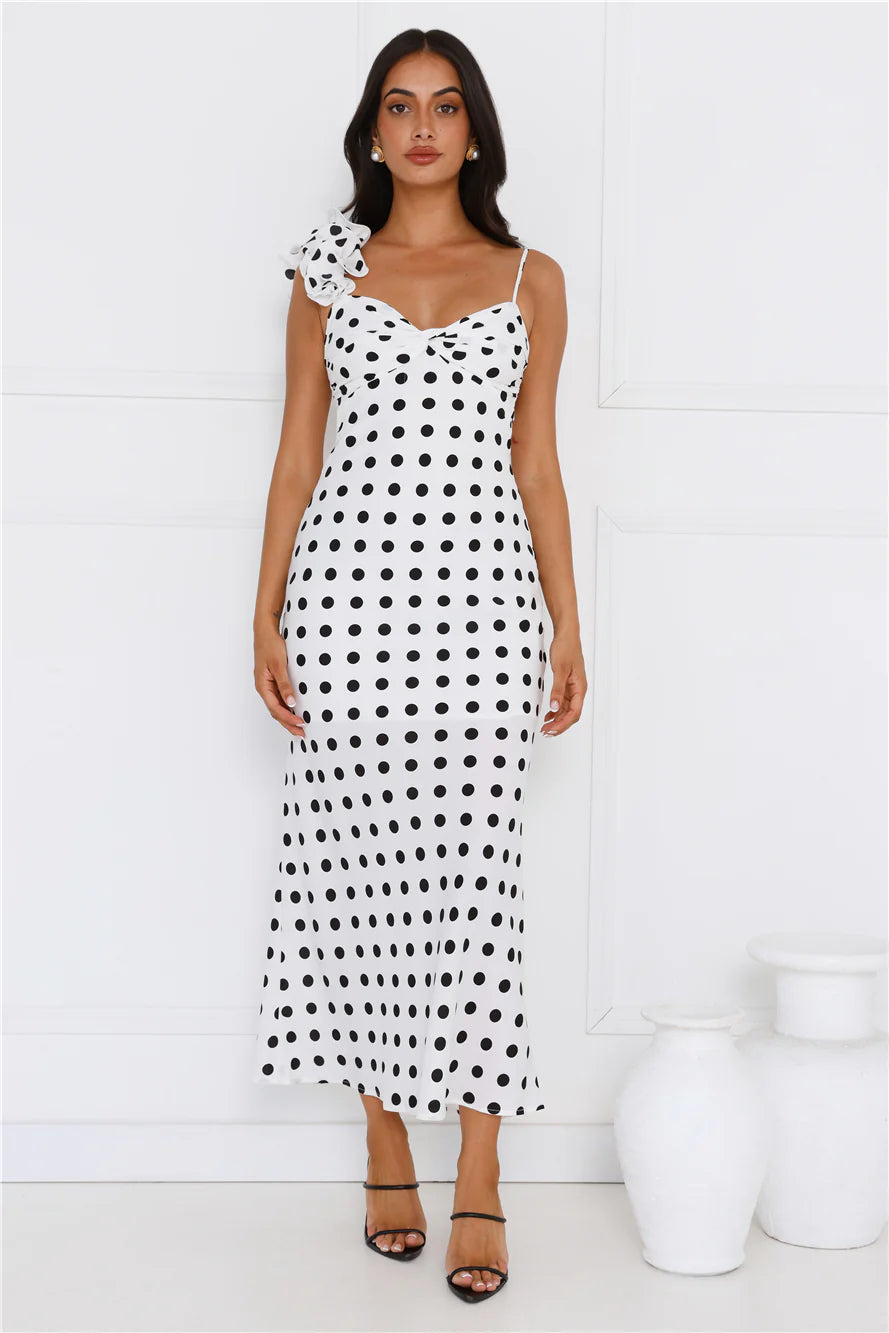 White Polka Dot Ruffle Strap Backless Cutout Midi Evening Dresses