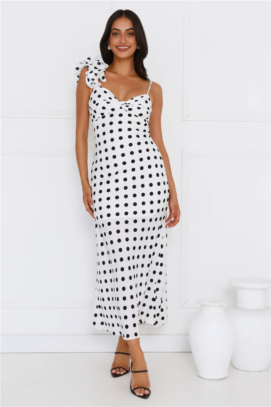 White Polka Dot Ruffle Strap Backless Cutout Midi Evening Dresses