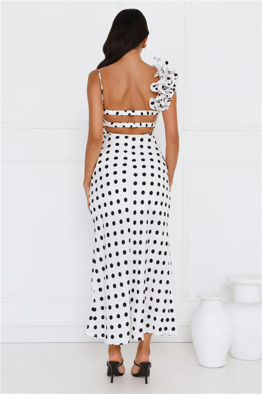 White Polka Dot Ruffle Strap Backless Cutout Midi Evening Dresses