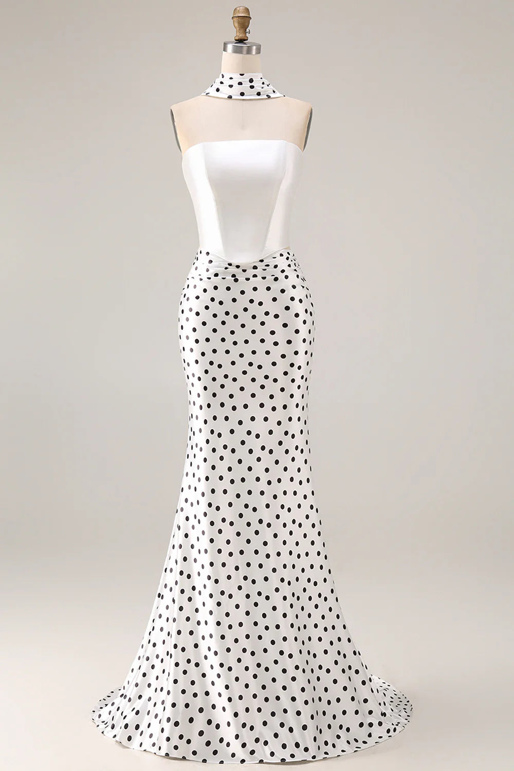 White Polka Dot Satin Mermaid Evening Dresses