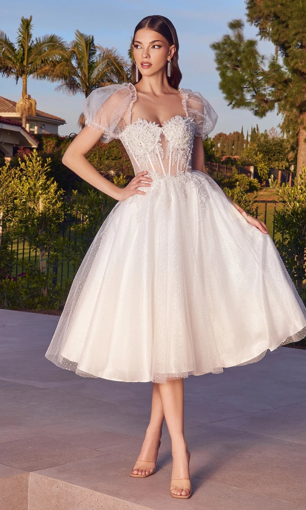 White Puff Sleeve Lace Corset Midi Homecoming Dresses