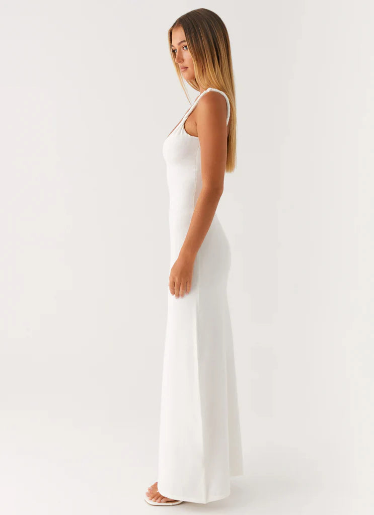White Ribbed Sleeveless Twisted Strap Maxi Dress For Elegant Casual Party Events