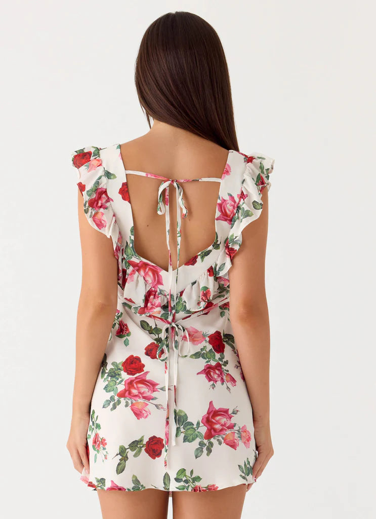 White Rose Print Ruffle Backless Mini Evening Dresses