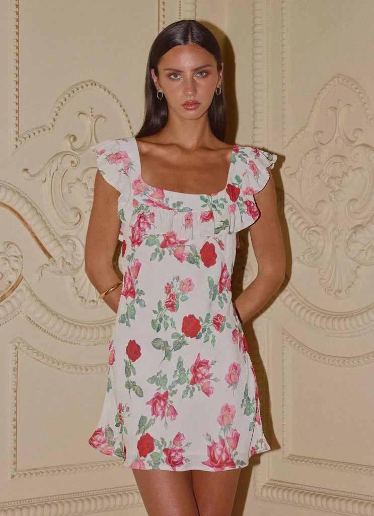 White Rose Print Ruffle Backless Mini Evening Dresses