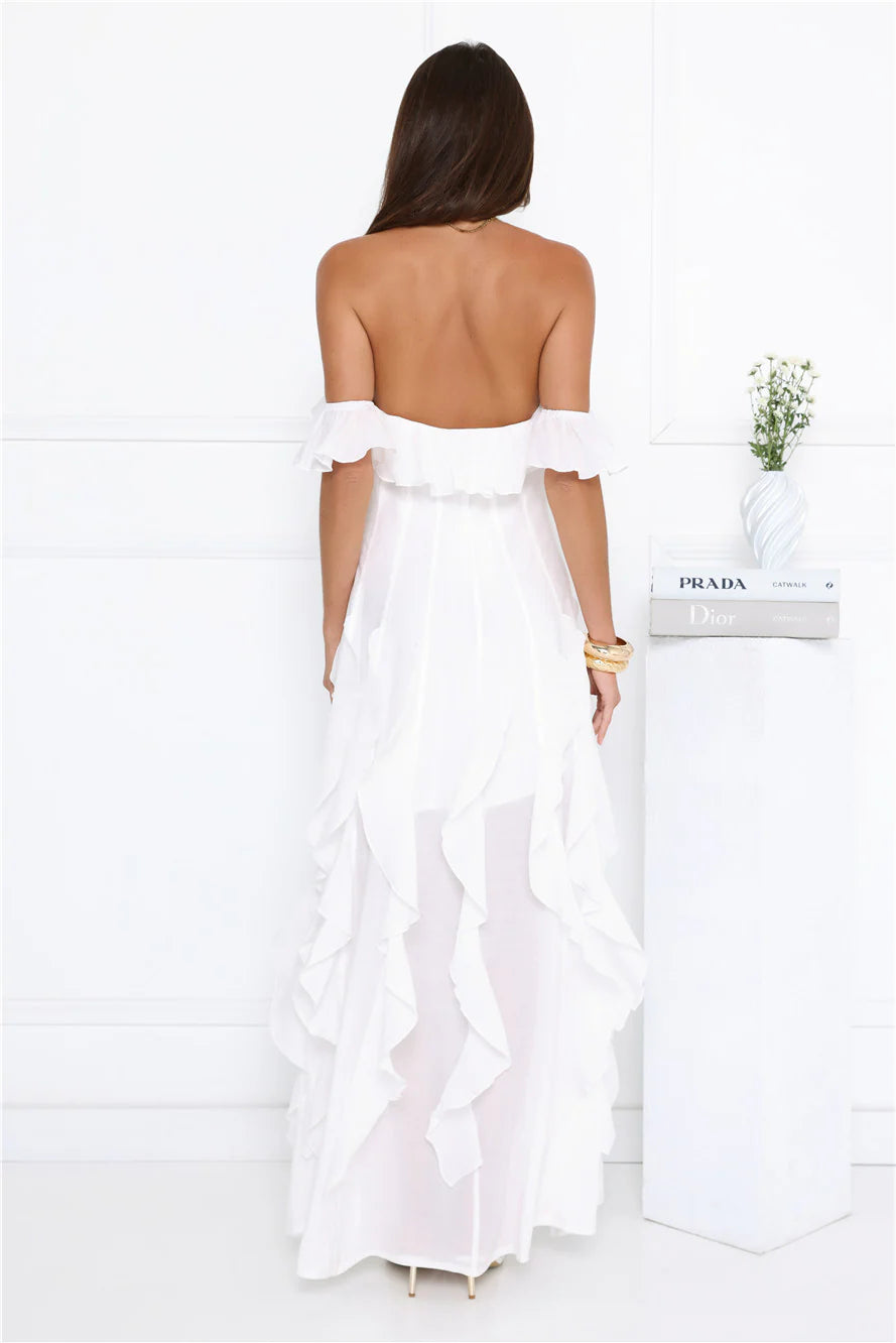 White Ruffled Off-the-Shoulder Maxi Evening Dresses with Sheer Overlay & Open Back