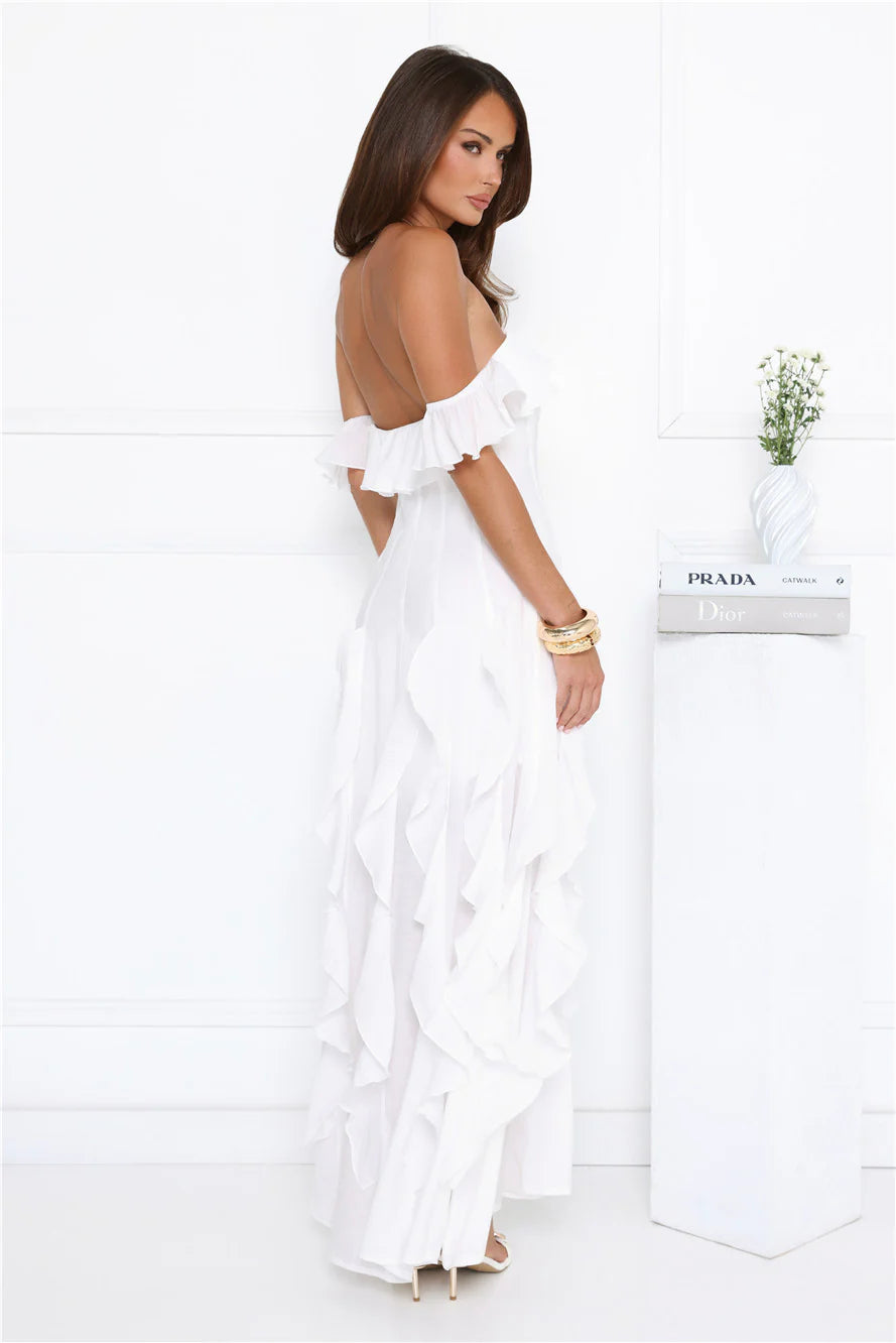 White Ruffled Off-the-Shoulder Maxi Evening Dresses with Sheer Overlay & Open Back