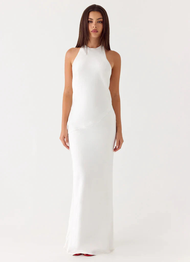White Satin Halter Neck Backless Tie Maxi Prom Dress For Elegant Formal Events