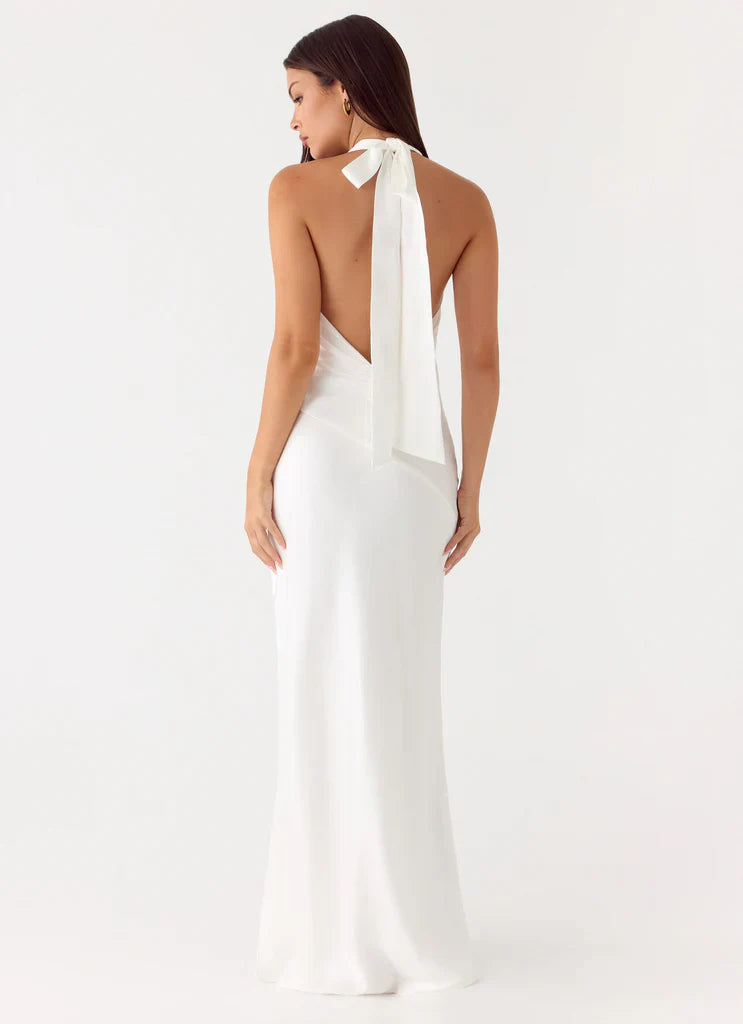 White Satin Halter Neck Backless Tie Maxi Prom Dress For Elegant Formal Events