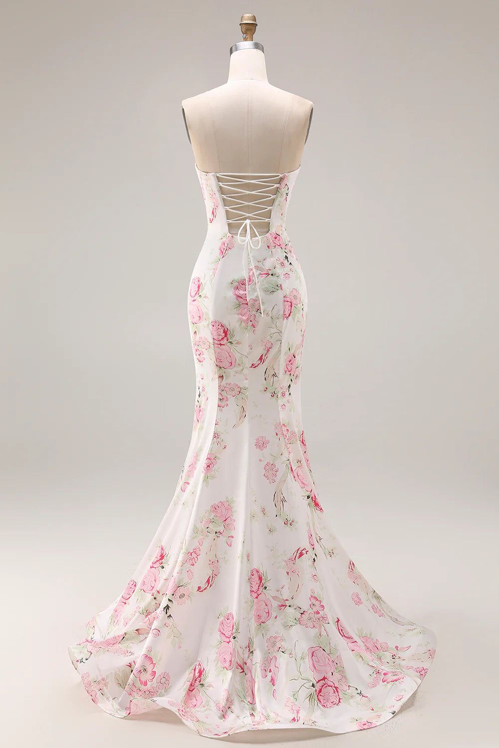White Satin Pink Floral Strapless Lace-Up Back Mermaid Evening Dresses