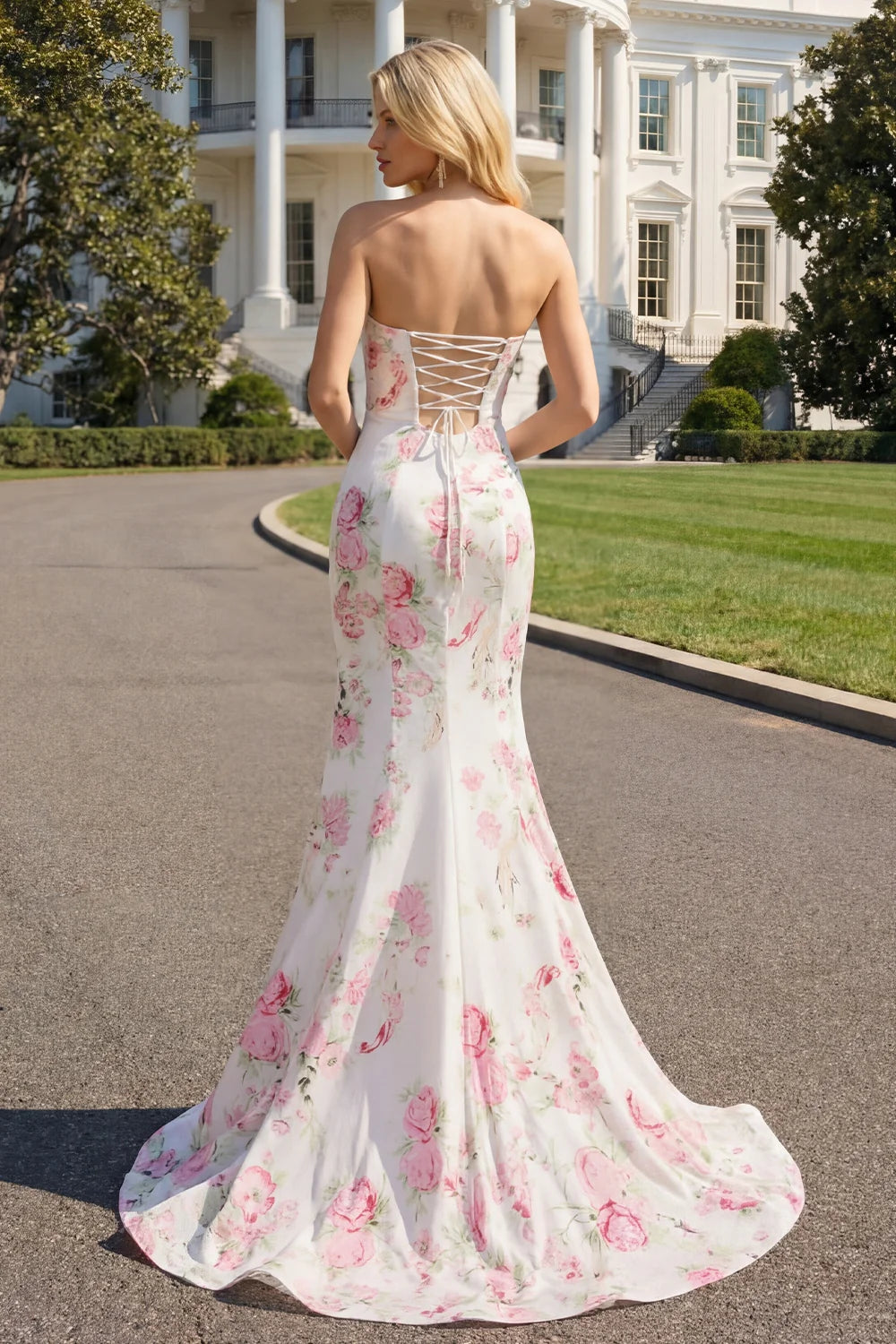 White Satin Pink Floral Strapless Lace-Up Back Mermaid Evening Dresses