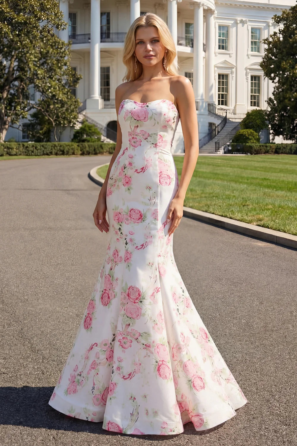 White Satin Pink Floral Strapless Lace-Up Back Mermaid Evening Dresses