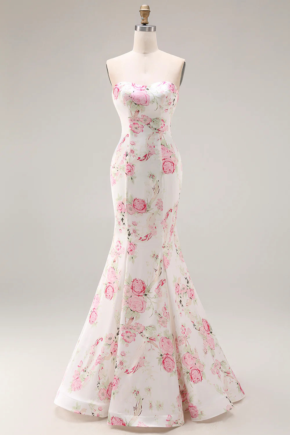 White Satin Pink Floral Strapless Lace-Up Back Mermaid Evening Dresses
