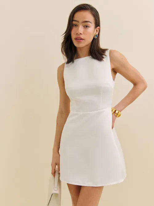 White Satin Sleeveless Boat Neck V-Back with Pockets Mini Prom Dress