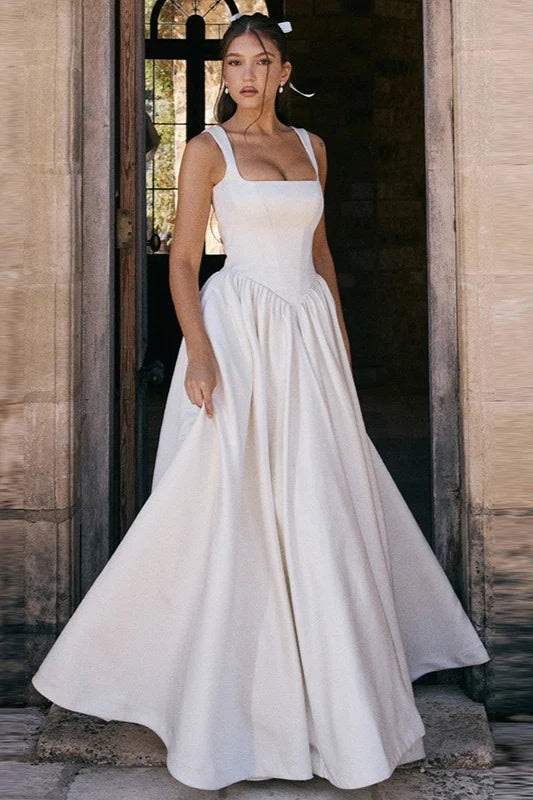 White Satin Square Neck A-Line Wedding Dresses