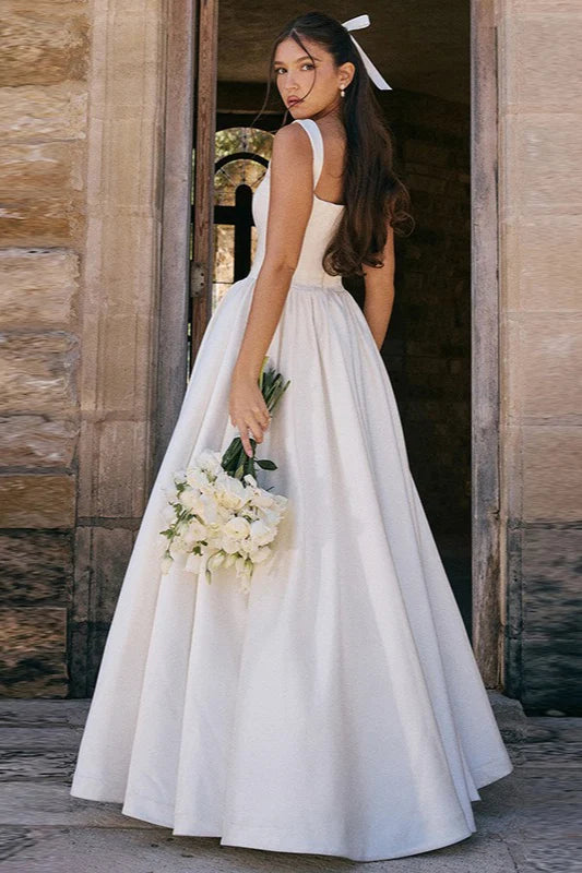 White Satin Square Neck A-Line Wedding Dresses