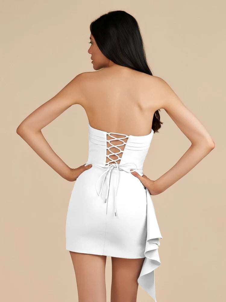 White Satin Strapless Lace Up Back Ruffle Detail Bodycon Mini Dress Homecoming Dresses