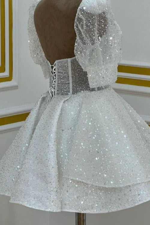 White Sequin Puff Sleeve Sweetheart Corset Lace Up Back Tiered A-Line Mini Dress Homecoming Dresses