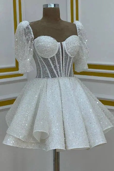 White Sequin Puff Sleeve Sweetheart Corset Lace Up Back Tiered A-Line Mini Dress Homecoming Dresses