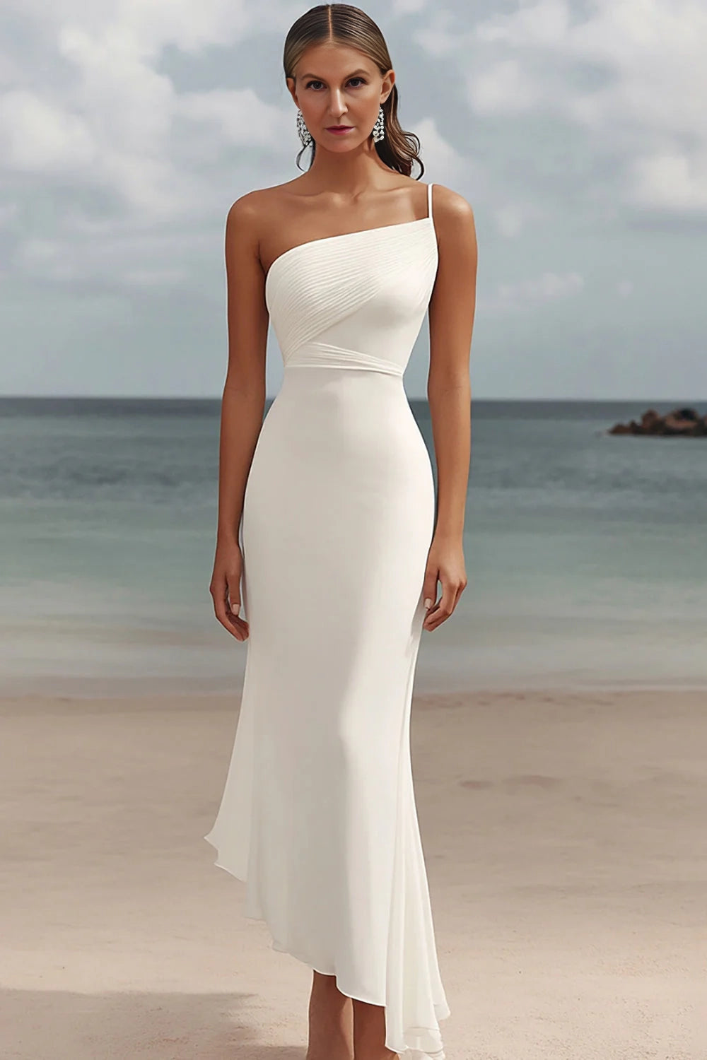 White Sheath One Shoulder Asymmetrical Wedding Dress