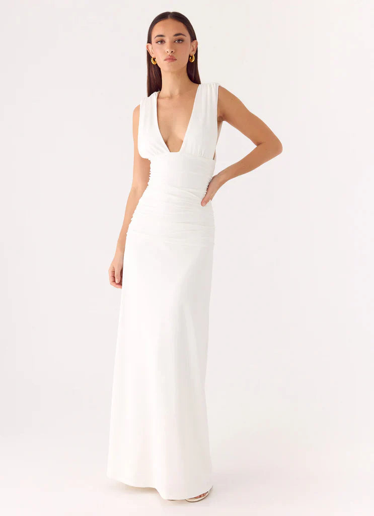 White Sleeveless Deep V Ruched Waist Maxi Prom Dress For Elegant Formal Events