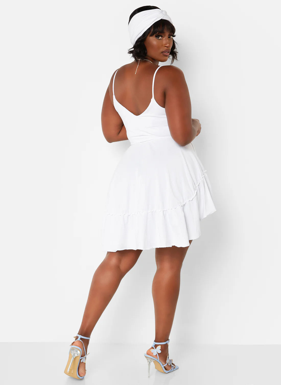 White Spaghetti Strap Tiered Ruffle Mini Evening Dresses