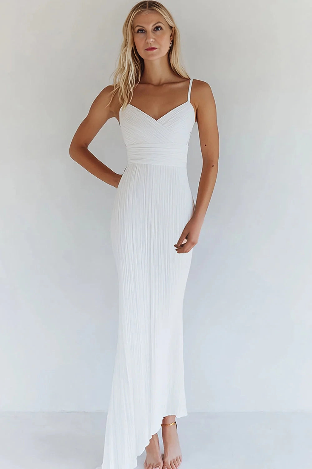 White Spaghetti Straps Pleated Bodycon Maxi Dress
