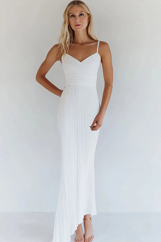 White Spaghetti Straps Pleated Bodycon Maxi Dress