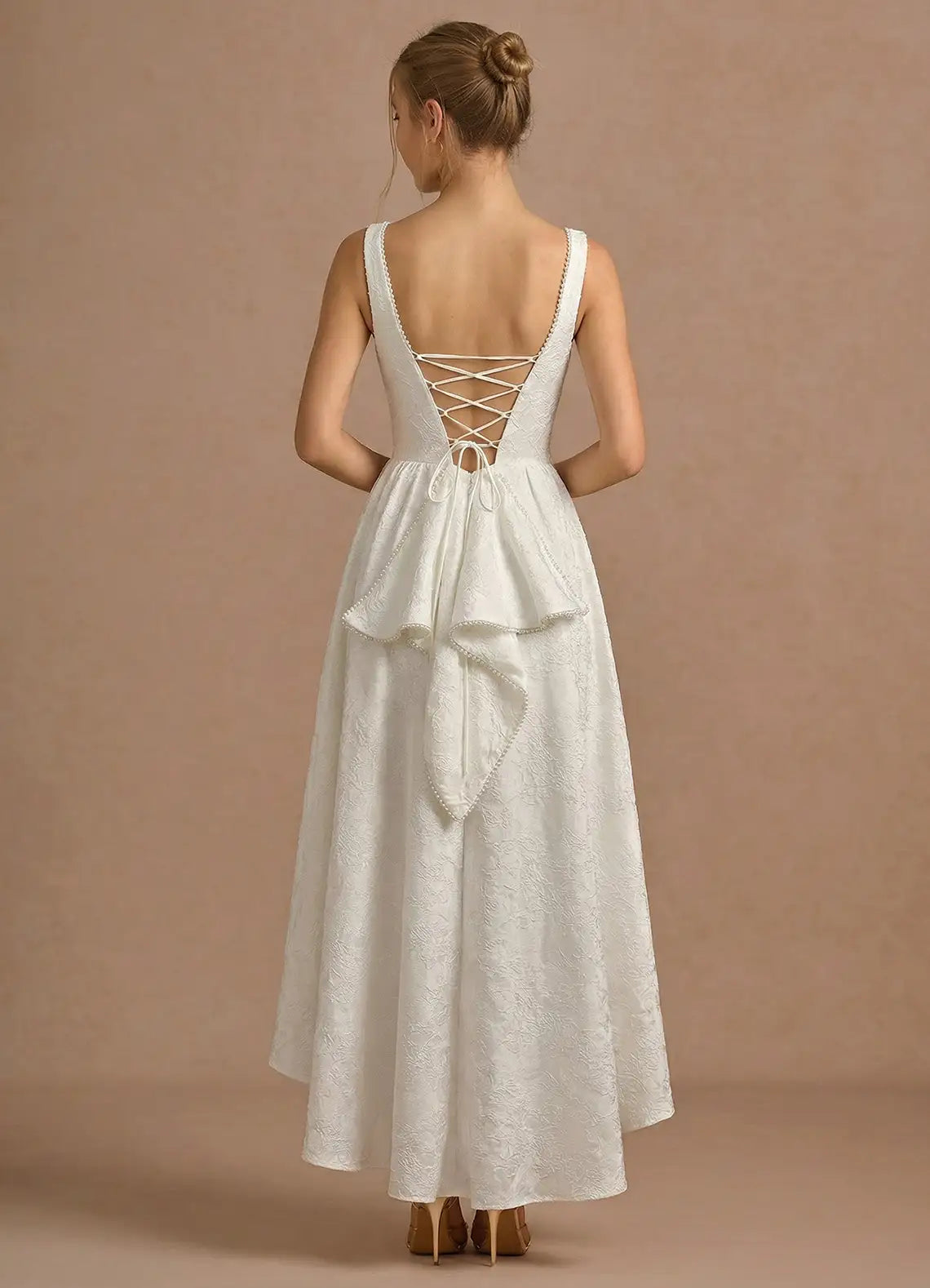 White Square Neck Jacquard High-Low Wedding Dress