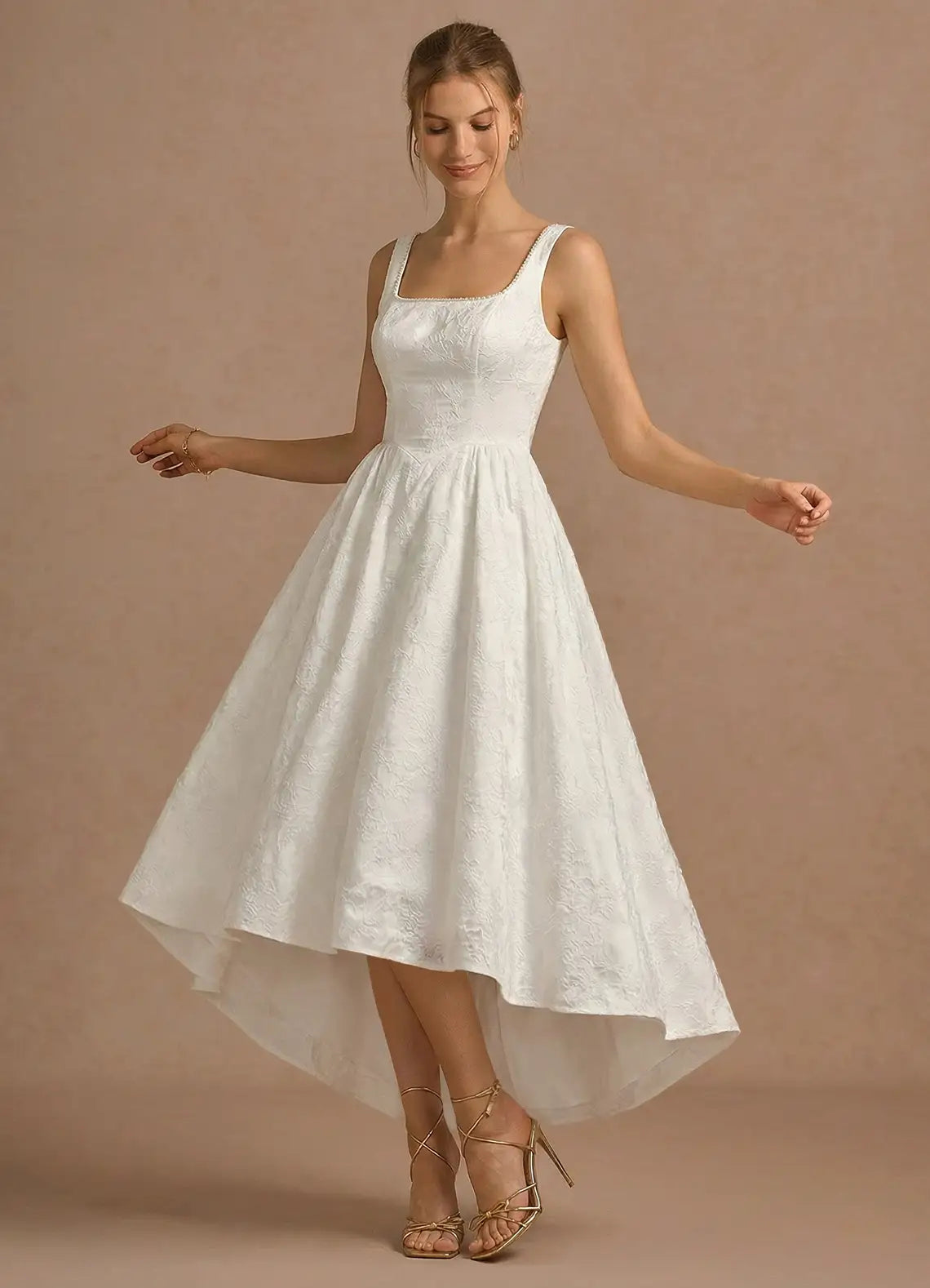 White Square Neck Jacquard High-Low Wedding Dress