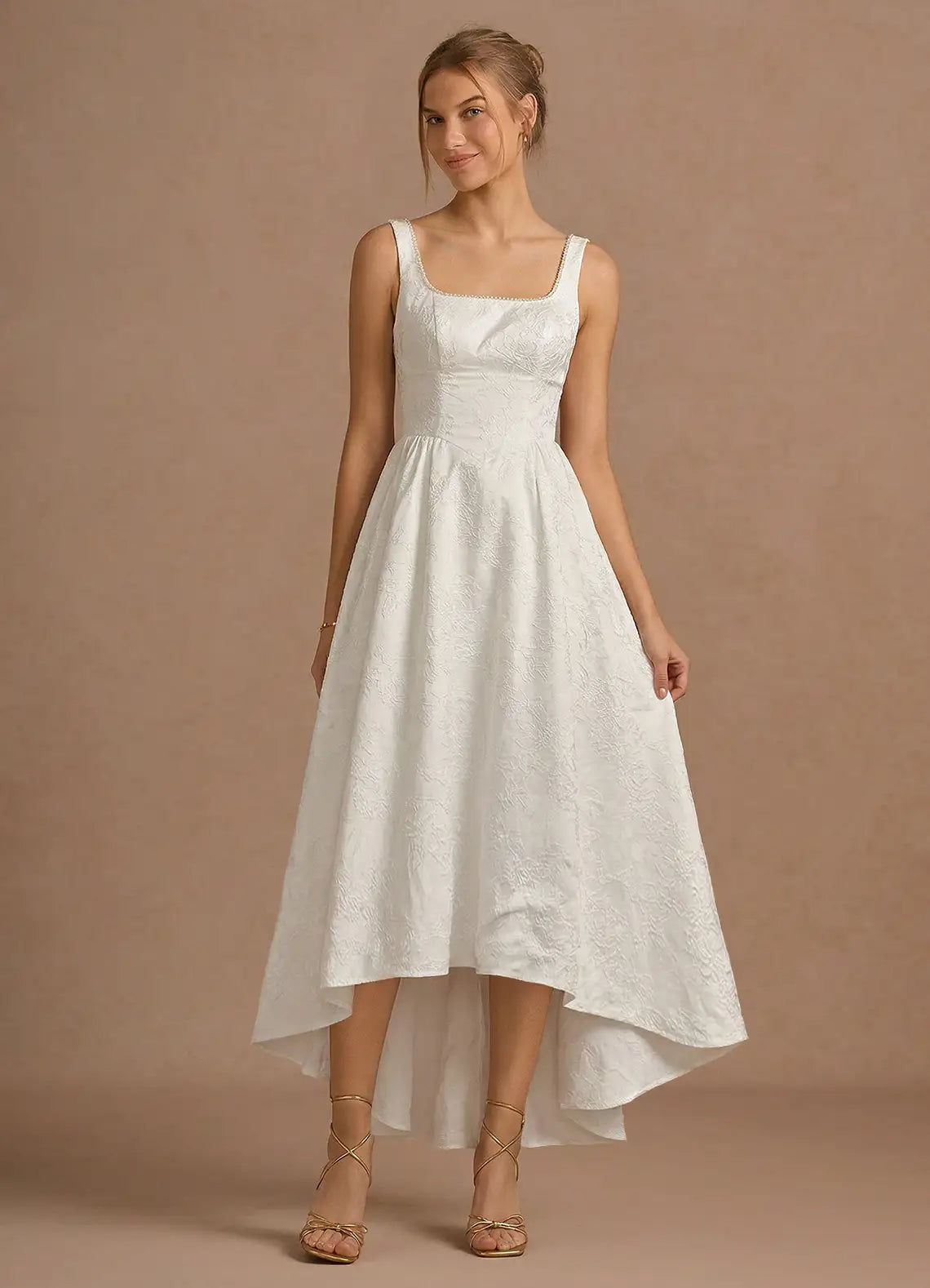 White Square Neck Jacquard High-Low Wedding Dress
