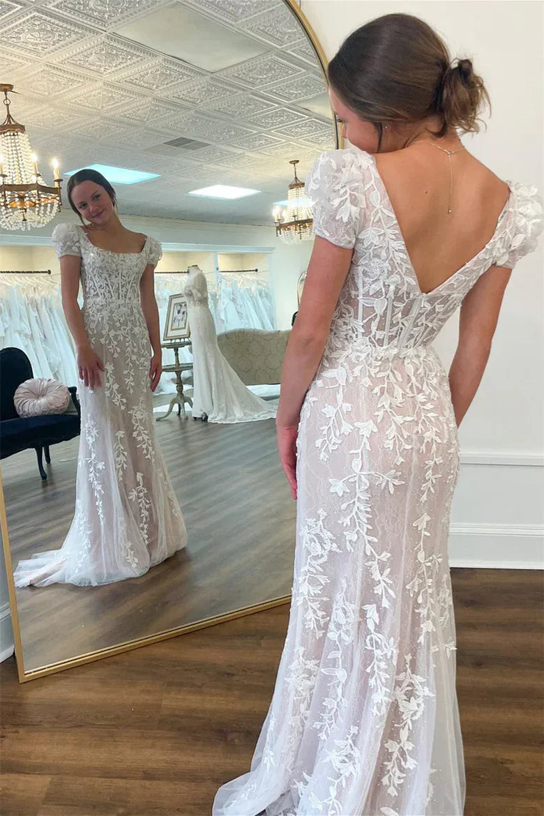 White Square Neck Mermaid Wedding Dress with Puffed Sleeves and Lace AppliquÃ©