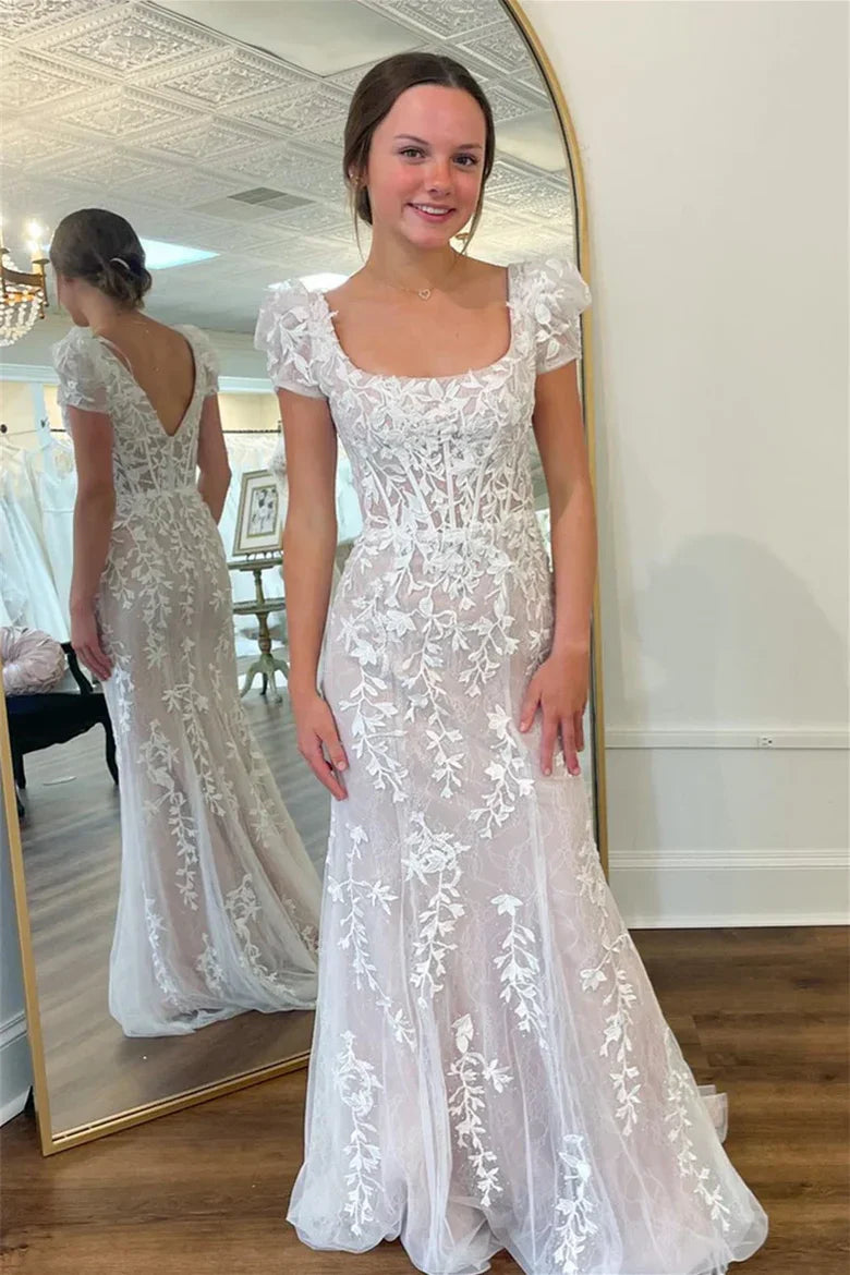 White Square Neck Mermaid Wedding Dress with Puffed Sleeves and Lace AppliquÃ©